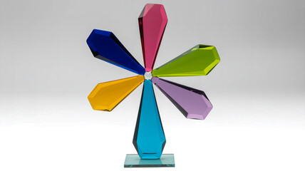 A modern abstract glass sculpture in the shape of a cross, made of multiple colored glass segments