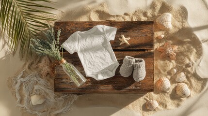 Pregnancy Announcement. Oceanic Dreams: A top-down shot of a wooden box adorned with baby clothes, shells, and ocean foliage on a bed of sand,