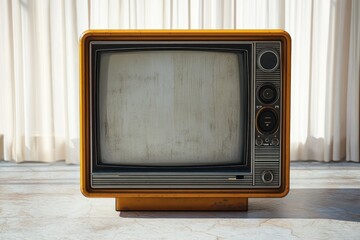 Vintage brown television set with rounded screen and manual dials placed on marble floor in front of sheer white curtains during daytime