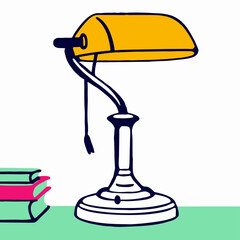 Yellow Desk Lamp with Books, Home Office Illustration