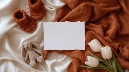 Baby Announcement Mockup: A rustic-chic baby announcement mockup featuring a blank card, soft textiles, knitted booties, a plush bunny, and white tulips. Perfect for announcing a new arrival. 