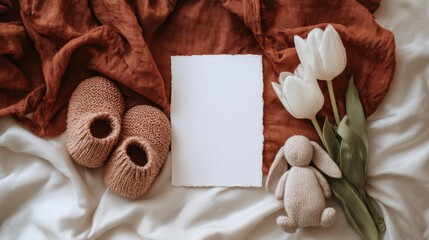 Pregnancy Announcement. Delicate Arrangement: A tender composition, a blank card is nestled amongst baby booties and tender white tulips, evoking gentle anticipation and warmth.