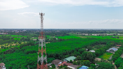 Telecommunication tower of 4G and 5G cellular. Antenna transmission communication. Cell phone signal base station.