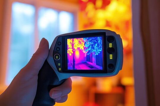 Hand holding a thermal imaging camera displaying a colorful heat map of trees and a building in a softly lit indoor environment