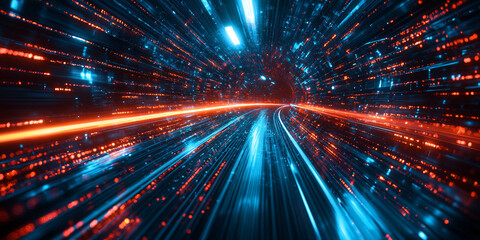 Naklejka premium Abstract digital art depicting a high-speed journey through a glowing data tunnel.