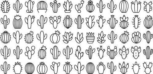 Collection of vector cactus icons in modern line style, ideal for desert plants, botanical stickers, garden graphics, minimal design, decor