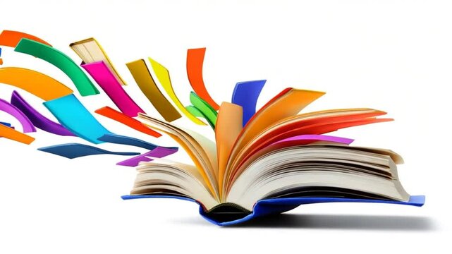 Open book with colorful page markers flowing concept for imagination and knowledge