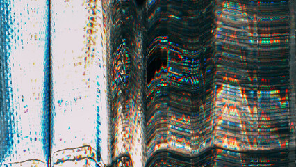 Technology interference. Transmission glitch. Blue orange white color noise old film dust scratches fractured distressed texture on black abstract background.