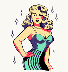 Retro Pinup Girl Illustration, Vintage Woman Art, 50s Style