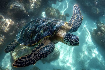 Obraz premium Underwater scene of a sea turtle swimming gracefully above a sandy ocean floor with scattered rocks illuminated by sunlight