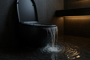 Modern black toilet overflowing onto bathroom floor, dark tiles and dramatic lighting emphasize plumbing emergency scenario