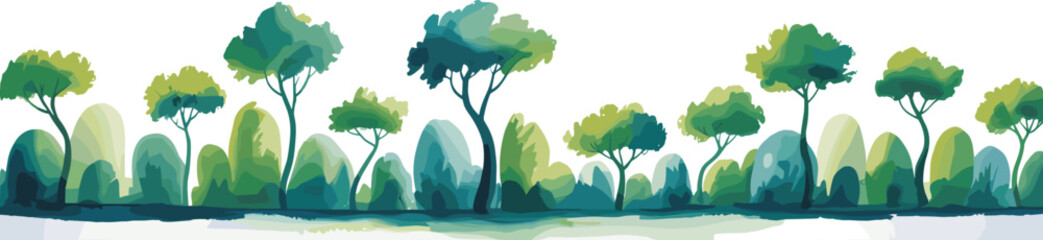 Watercolor forest background, green tree landscape, nature illustration, eco environment design, summer scenery, abstract woodland, foliage art, tranquil view © Biplob Creatives