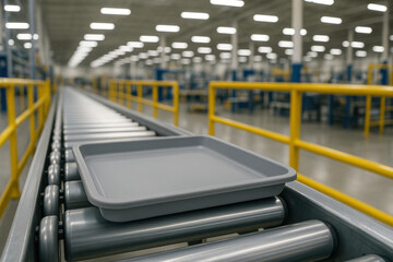 Obraz premium Empty gray tray on conveyor belt in modern automated warehouse facility, industrial equipment and logistics background