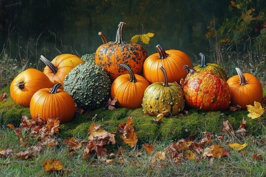 A diverse group of pumpkins and gourds with various shapes and colors arranged on mossy ground surrounded by fallen autumn leaves in a natural outdoor setting