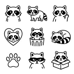 Obraz premium A set of doodle line icons featuring adorable raccoon characters in various poses, showing expressions, sleeping, waving, and playing in boxes