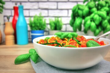 Colorful pasta dish on a wooden table