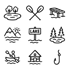 A set of doodle line icons representing lake life and outdoor activities, including kayaking, fishing, docks, nature, and cabins