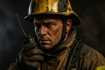 Fototapeta premium Focused firefighter in protective gear using walkie talkie for emergency communication, determined male rescue worker