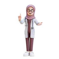 3D render muslim woman doctor character is pointing to something with her finger