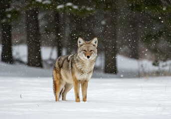 Obraz premium Coyote standing in the snow during a snowfall in a winter forest