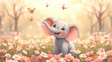 AI Generated Cute Baby Elephant Joyfully Blowing Soap Bubbles in a Flower Field