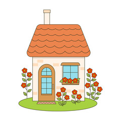 Cartoon cottage house with garden flowers vector illustration, isolated on white background. Decorative design for themes of home, gardening and rural living.