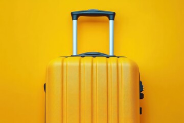 bright yellow hard-shell suitcase with extended black handle on matching yellow background