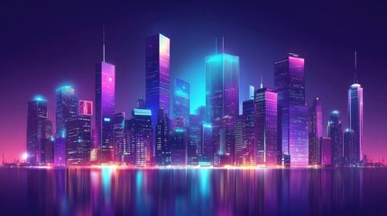 High-tech futuristic city skyline with digital billboards and transparent skyscrapers reflecting the neon city lights