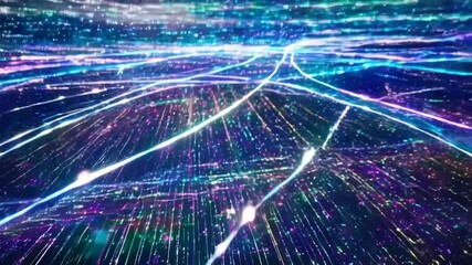 A seamless animation of flying through abstract digital space filled with flowing binary code (0s and 1s) and interconnected network lines. Ideal for representing data transfer, cyberspace, AI, or fut - Powered by Adobe
