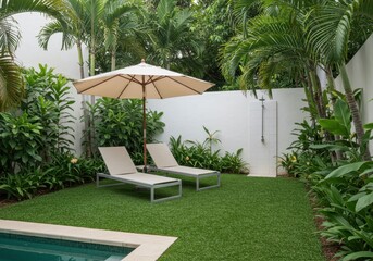 Lounge chairs and umbrella in a tropical backyard with a swimming pool