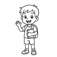 Minimalist black and white vector of a kindergarten boy with backpack, back to school theme, outlined in bold black lines and simple shapes.

