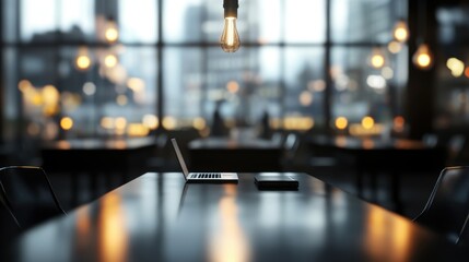 Laptop on Table in Modern Cafe with City Lights Blurred Background Evening Ambiance