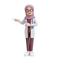3D render muslim woman doctor character pointing to the right