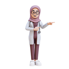 3D render muslim woman doctor character in a white lab coat points to something