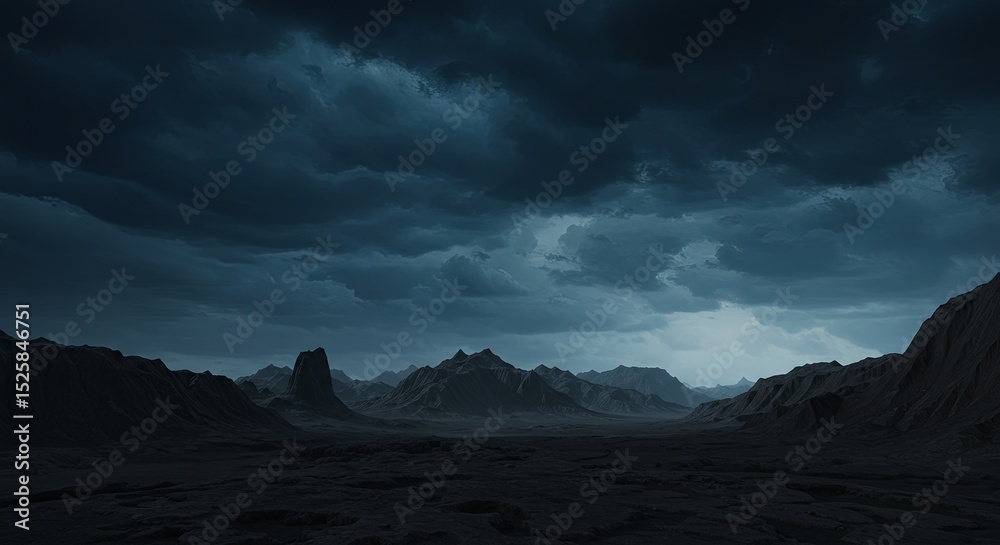 Poster a desolate landscape with a dark sky and mountains in the background
