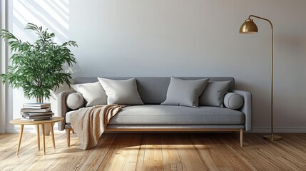 Fototapeta premium Modern living room interior with a grey sofa adorned with cushions and a beige throw, a wooden floor, a round side table with books and a green plant, and a brass floor lamp casting soft light