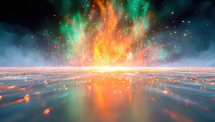 Fiery explosion over a reflective surface