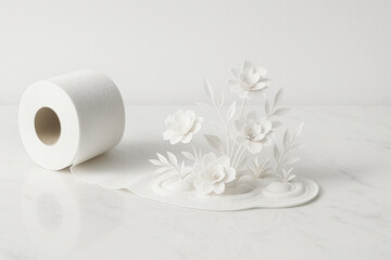 A single toilet roll unfurls into delicate paper flowers and leaves - Generative AI