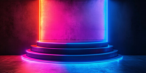 A futuristic neon stage with vibrant pink and blue lighting.