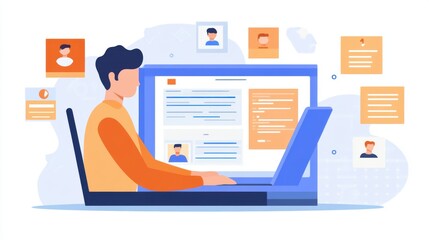 Obraz premium Illustration of Man Reviewing Profiles Online in Isolated White Background: Efficient Recruitment Process Using a Computer