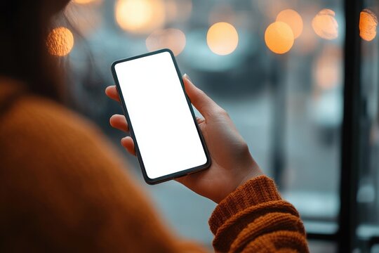 Person holding a smartphone with a blank white screen against a softly lit urban background with orange and blue bokeh lights, wearing a warm brown sweater sleeve