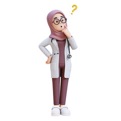 3D render muslim woman doctor character in a white lab coat is looking up and thinking