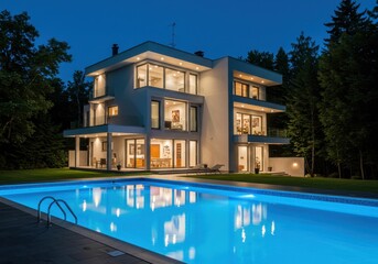 Modern house with swimming pool reflecting lights at night