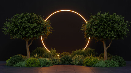 A modern minimalist garden display with a large glowing orange circle mounted on a black wall