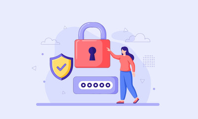 Enhancing Digital Security and Password Protection. Woman interacting with padlock, shield, and password field: symbolizing the active management of digital security and strong password practices.