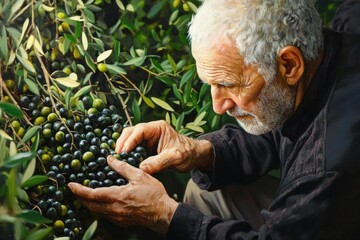Elderly man carefully examining ripe and unripe olives on a tree branch surrounded by green leaves in a natural setting