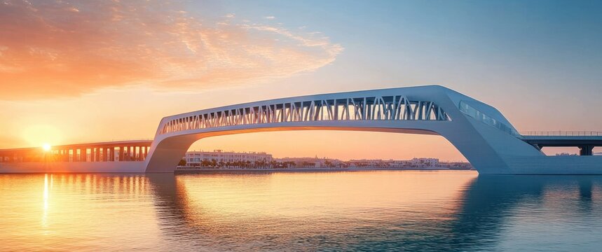 Modern white bridge with sleek curved design over calm water reflecting a vibrant sunset with orange and blue sky
