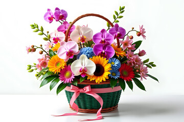 A basket filled with beautiful flowers isolated on the white background