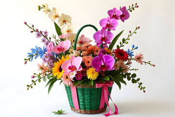 A basket filled with beautiful flowers isolated on the white background