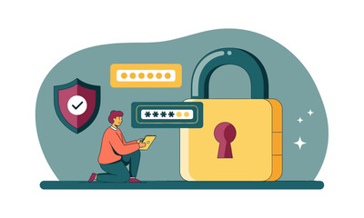 Password Security and Account Protection. Person interacts with password fields, near padlock and shield: emphasizing secure account access and data protection.